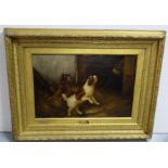 George Armfield (1840 – 1878), Two Spaniels Frolicking Outside a Barn, 16”h x 24”w, in a