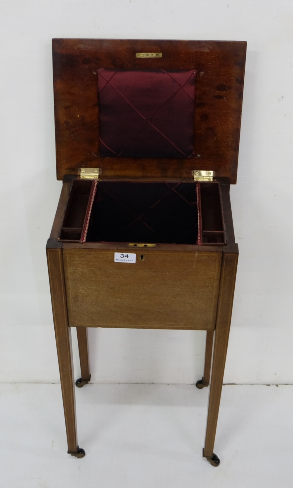 Edwardian Mahogany Sewing Box, with a hinged lid, on tapered legs, 26”h x 15”w