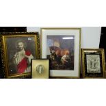 3 religious framed pictures (Sacred heart, Lourdes centenary etc) & Landseer print “Shoeing the