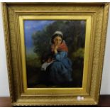 Signed JMG, oil on canvas, Irish colleen in blue dress with red shawl carrying basket, seated by