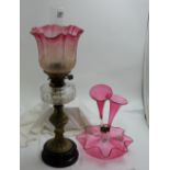 Victorian Oil Lamp with etched red glass shade, glass bowl & 2 branch red glass epergne (2)