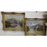 2 x oils on canvas, mountain and lake landscapes, 21"x18" in gold frames (2)