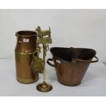 Copper Coal Scuttle, Copper stick stand with handle and brass companion set (3)