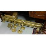 Brass Fire Fender on paw feet (45”w) & box brassware incl. 2 pairs of candlesticks