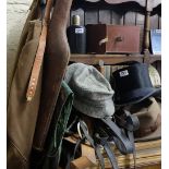 Old Leather Gun Case, horse bridle, leather satchel, Belstaff jacket, gents breeches, 4 hats (