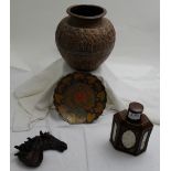 4 items – Nepalese Pot, modern Chinese flask, Persian dish, 19thC Thoroughbred mask (4)