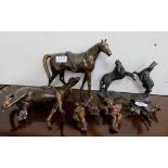 2 pairs horse figurines (1 damaged), 2 cherubs & a stag finial (7)