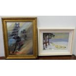 White framed acrylic painting of sheep in a snowy landscape, signed B O B & portrait studies of a