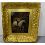 J A BRACKEN signed oil painting entitled "The Doctor's Visit", horse and sheepdog waiting at door