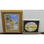 MARIE HUGHES signed 2 watercolours, one sunset in an oval mount, 11"x10", one tranquil water