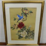 2 x gold framed Japanese prints of birds perched on a rose branch signed by the artist and picture