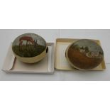 Pair of Ostrich Eggs, hand decorated with scenes – “Market Square”, deer, country landscapes –