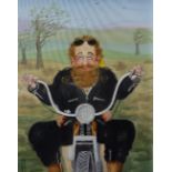 John Schwatschke “The Wind That Shakes The Harley”, oil on canvas, bearded man on Harley motorbike