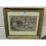 19thC Watercolour by TARLINGTON, carriage in a Winter forest, 9.5”h x 11.5”w