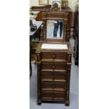 Narrow Washstand with a mirror back and white marble top over 5 drawers, 53”h x 17”w