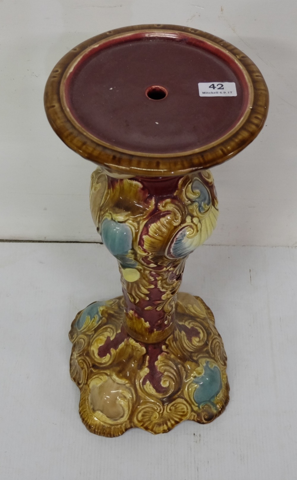 Lustre Pottery Plant Stand, red with cream and blue decorative detail, 22”h