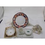 4 piece Austrian Dressing Table Set, 3 porcelain dishes, pair cherubs etc