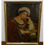 19thC Oil on Canvas, portrait of a female Persian scholar, wearing a red cloak, 27” x 22”, in a