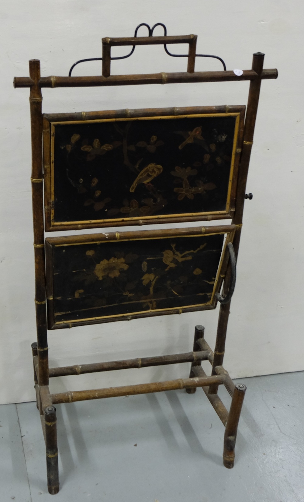 Victorian Bamboo Framed and Chinese Lacquered Covered Fire Screen with a folding shelf, 19”w x 40”h - Image 2 of 2