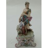 19thC porcelain figure of a classic lady, in a colourful dress (chips), 8.5”h