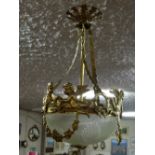 Brass Framed Ceiling Light, with cherub borders (2 interior light fittings), etched glass bowl, 12”