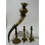 Oil Lamp on a carved horn and reeded brass column and a Pair of Continental Brass Candlesticks (3)