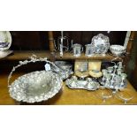 Silver Plate Fruit Basket with handle, egg cup sets, low candlesticks etc