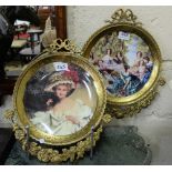 Pair of porcelain plates in ornate brass surrounds with swags - portrait of lady in white dress