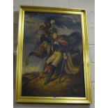 Oil on Canvas, Cavalier in full costume with Rearing Horse, in gilt frame, 44” x 24”w approx