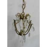 French Brass Framed Ceiling Light with crystal tear-shaped droplets (3 light fittings), Art Deco