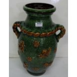 Tall Austrian Pottery Vase, green ground with mounts incl. cockerels, sheep, country woman etc, 20”