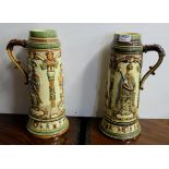 Pair Tall German Pottery Steins, ornately decorated with figures of early heads of state