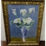 Watercolour – Still life of Lillies in a blue and white vase, moulded gilt frame, 23”h x 17”w