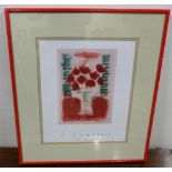 Neill Shawcross Signed Print, 1991 – Still Life of Red Poppies, in red frame, 17”h x 13.5”w