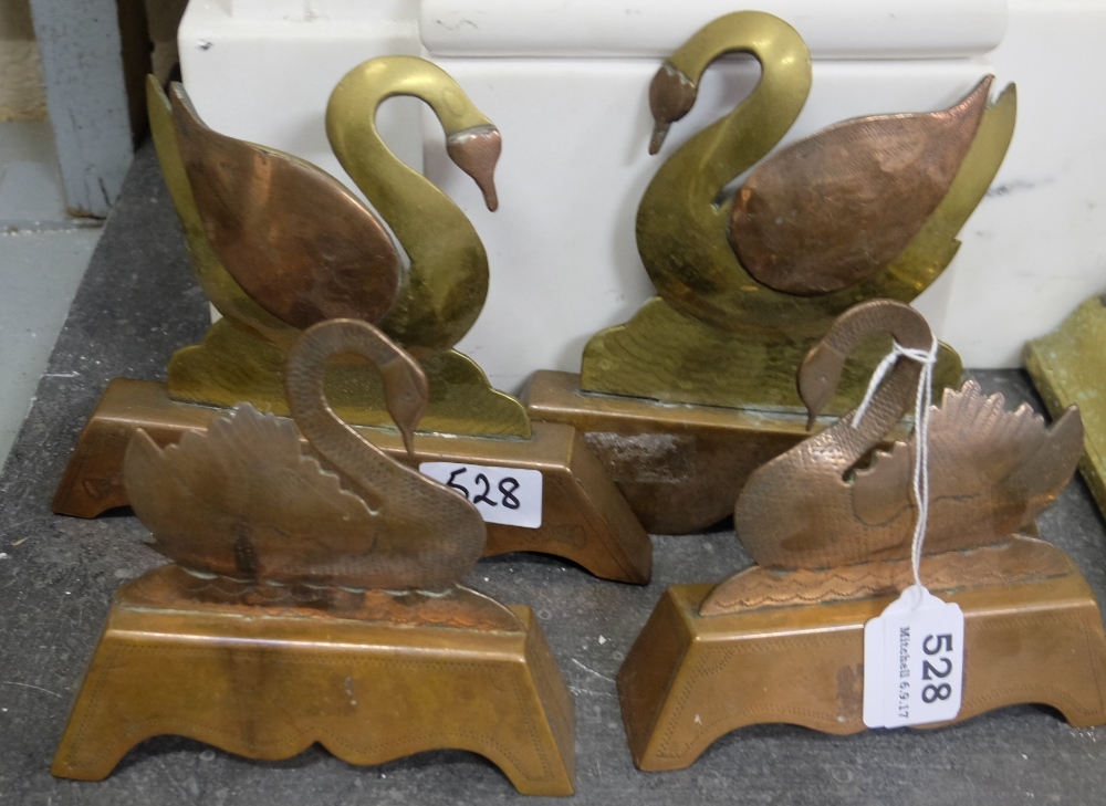 2 pairs of copper and brass fire kerb finials in the form of swans