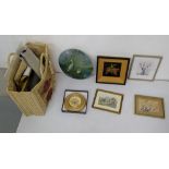 Basket of mixed pictures and prints for framing, including 2 papyrus, tiger photos, various