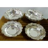 Matching set of 6 silver circular trinket dishes with fluted borders, 4" diameter and a similar pair
