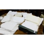 Selection of bed linen, including Oxford, bolster and lace trimmed pillowcases and bed runners