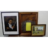 3 Pictures – Oil – Portrait of man wearing a cravat, watercolour – castle scene & oil – stone window