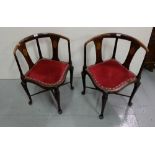 Matching Pair of Corner Inlaid Mahogany Chairs, red padded seats