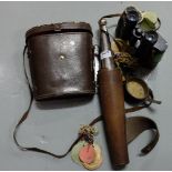 Columbia Binoculars in leather case (with 1960’s enclosure badges) & a plated cone shaped flask in