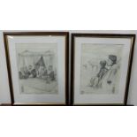 John Schwatschke, “Figures in the Arabian Desert”, Pair of Charcoal Sketches, Portraits of Arabian