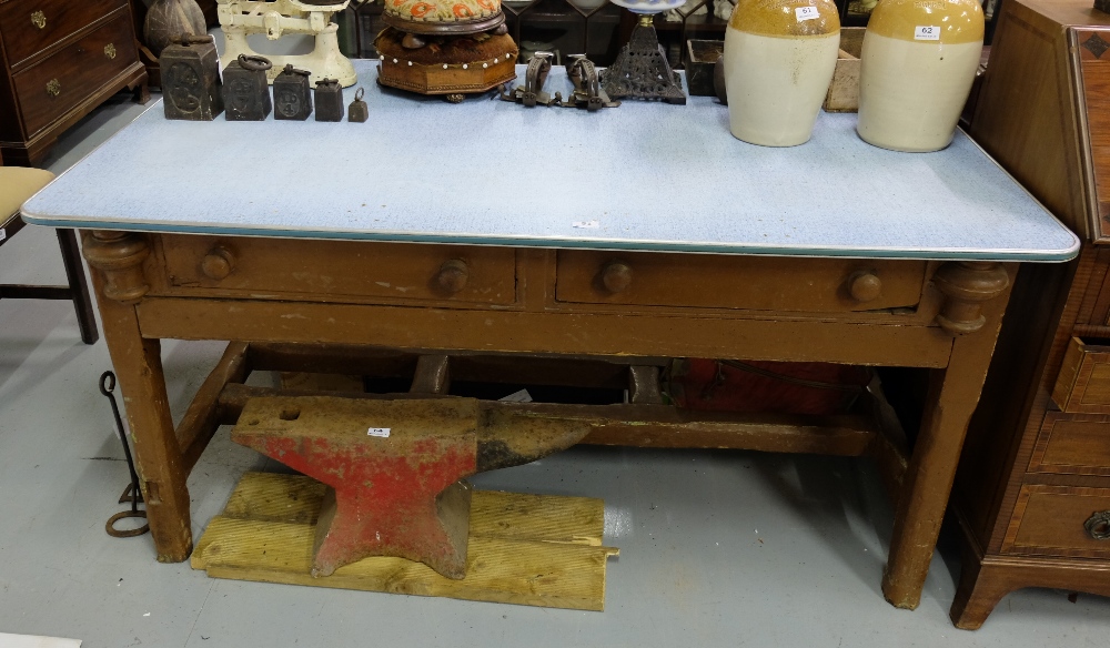 Irish Antique Pine Kitchen Table, with two apron drawers and stretcher legs, formica top, 5ft l x