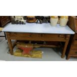 Irish Antique Pine Kitchen Table, with two apron drawers and stretcher legs, formica top, 5ft l x