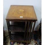 Edwardian Inlaid Mahogany Revolving Table Bookcase, with sunburst motif, on castors, 32”h x 19”