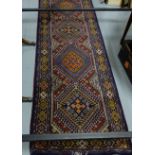 Persian Wool Floor Runner, blue ground with multiple central diamond patterns, 3m x 0.9m