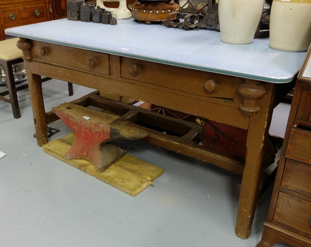 Irish Antique Pine Kitchen Table, with two apron drawers and stretcher legs, formica top, 5ft l x - Image 2 of 2