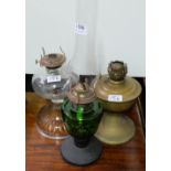 3 oil lamps (2 on metal bases, 1 on glass)