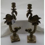 Matching Pair of Silver Plated/Brass Decorative 19thC Candlesticks, with figures of swans, each 14”