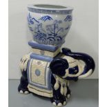 Blue & White Jardinere (Japanese landscapes) & a glazed pottery elephant (2)